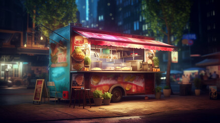 Street food trailer in the city. Generative Ai