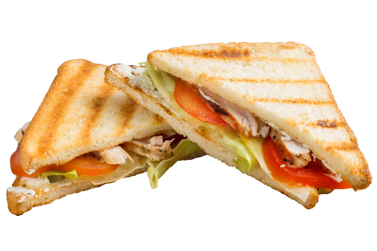 Grilled sandwich with vegetables and chicken in a triangular shape