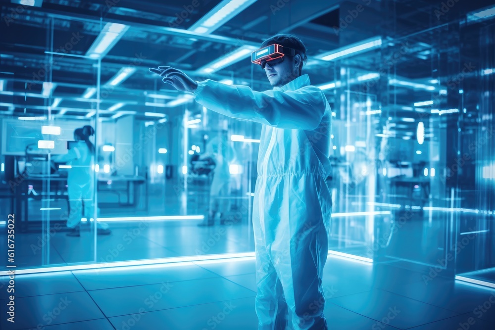 Poster a man in a sleek, hi - tech lab manipulating a virtual reality interface. generative ai