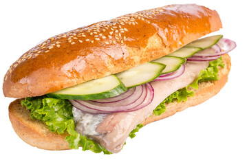 Sandwich with herring fillet onions and vegetables in a brioche bun
