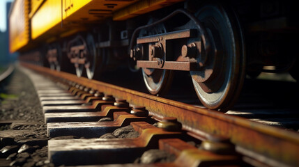 Fototapeta premium Train wheels on rails. Generative Ai