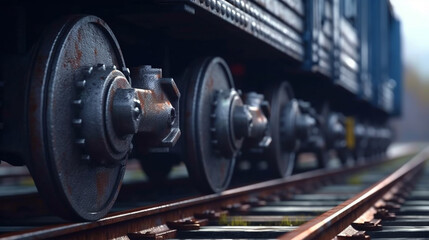 Fototapeta premium Train wheels on rails. Generative Ai