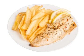 Portion of crispy breaded fish fillet with french fries served on plate