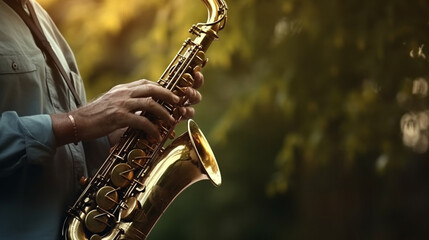 Obraz premium Man playing the saxophone. Generative Ai