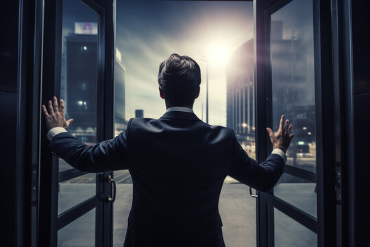 Businessman closing the door to an office, last workday, a symbolic moment of exit and closure