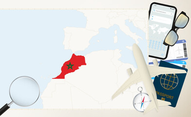 Morocco map and flag, cargo plane on the detailed map of Morocco with flag.