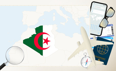 Algeria map and flag, cargo plane on the detailed map of Algeria with flag.