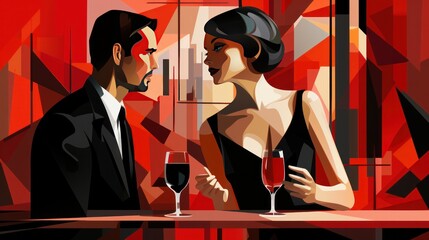 Illustration of couple having a drink, in cubist style