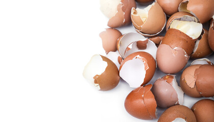 a pile of leftover eggshells from cooking and prepare to make organic fertilizer isolated on white...