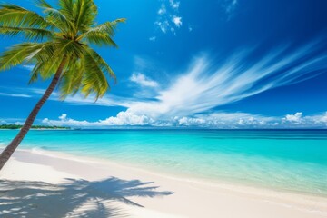 Fototapeta na wymiar Idyllic Maldives beach white sand, turquoise ocean, palm tree, Generative AI