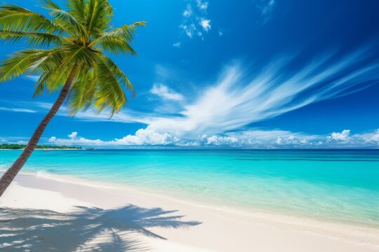 Idyllic Maldives beach white sand, turquoise ocean, palm tree, Generative AI
