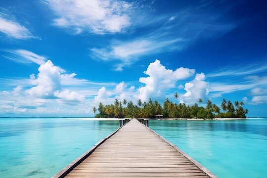 Tropical landscape, wooden pier to island, perfect for summer vacation, Generative AI