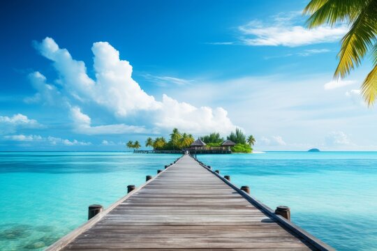 Tropical landscape, wooden pier to island, perfect for summer vacation, Generative AI
