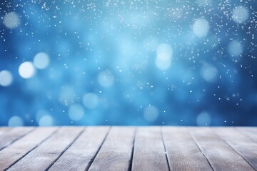 Naklejka na ściany i meble Blurred blue winter background with snowflakes and wooden flooring, Generative AI