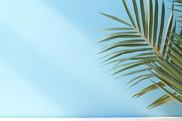 Fototapeta na wymiar Palm leaf shadow on blue wall Minimal background for products Seasonal, Generative AI