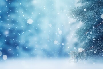 Winter Christmas frame with snow covered fir branches and falling snow, Generative AI