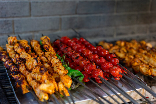 Traditional Turkish meal kebab, Ali nazik, adana kebap, urfa kebap, &ccedil;&ouml;p şiş, patlican kebap, domates kebap, şaşlık, saslik, ciger sis on table top view