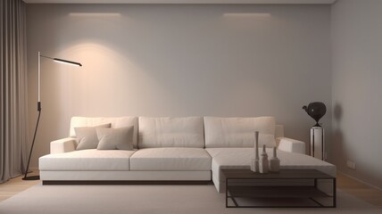 Front view of a modern minimalist living room. Empty white walls, large comfortable corner sofa with pillows, coffee table, trendy floor lamp, carpet, home decor. Mockup, 3D rendering.