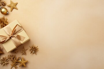 Obraz na płótnie Canvas Golden Christmas composition with gift box, fir, stars, cookies, cinnamon, Generative AI