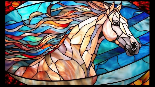 a beautiful stained glass window of a withe horse. Vibrant colors. Modern design. AI generated image.