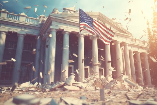 The American bank building collapsed. Bankruptcy of a financial institution. The bricks of the economic foundation are crumbling, stocks and securities are flying around. Economic crisis. 3D rendering