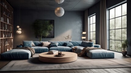 Cozy vintage living room in blue and gray tones. Comfortable corner sofa with pillows and plaid, round coffee table, carpet on the wooden floor, pendant lights, floor lamp, plants in floor pots.