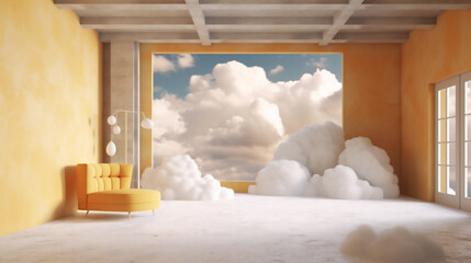 cloud abstract room minimal empty showcase cylinder pedestal stage yellow. Generative AI.