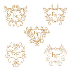 Sets of FF crest monogram logo. F and F initial wedding monogram template. Premium Gold vintage baroque frame scroll ornament decorative design element filigree calligraphy.