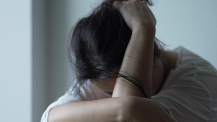 Depression asian woman Sad pensive mental health concept. Self isolation.