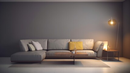 Front view of a modern minimalist living room. Empty gray walls, large comfortable corner sofa with pillows, coffee table, trendy floor lamp, carpet. Mockup, 3D rendering.