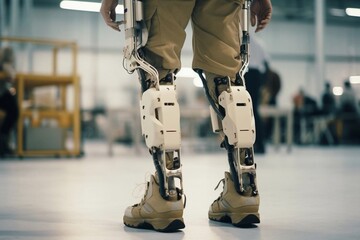 Legs of man in the robotic exoskeleton walking through the corridor of the rehabilitation clinic. Doctor helping him. Generative AI - obrazy, fototapety, plakaty