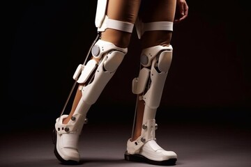 Legs of man in the robotic exoskeleton walking through the corridor of the rehabilitation clinic. Doctor helping him. Generative AI