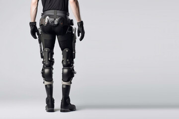 Fototapeta na wymiar Legs of man in the robotic exoskeleton walking through the corridor of the rehabilitation clinic. Doctor helping him. Generative AI