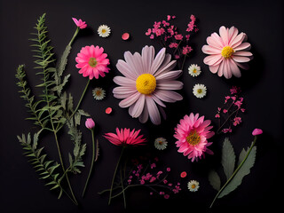 Beautiful delicate flowers in pastel colors on a uniform background. Generative AI