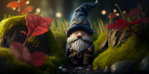 a little fabulous cute gnome stands on a path in a summer magical forest. Generative AI