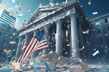 The American bank building collapsed. Bankruptcy of a financial institution. The bricks of the economic foundation are crumbling, stocks and bonds flying around. Economic crisis. Mockup, 3D rendering.