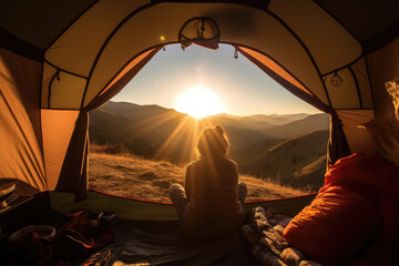 View from inside a tent. A woman from behind watches the sunrise.