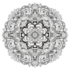 detailed monochrome mandala with intricate floral patterns.
