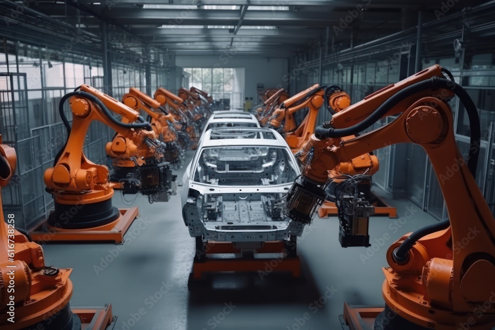 Poster robotic conveyor line for car assembly. modern workshop with automated equipment. mechanical assembl