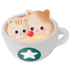 Latte Art 3D. milk foam top on the cup of hot chocolate, Cute Kawai cat in cup of froth art coffee.