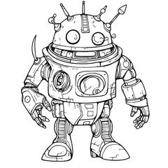 Cartoonish robot standing with antennas and various mechanical details