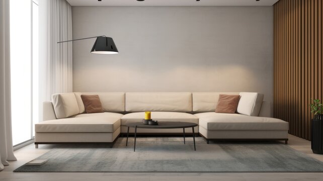 Front view of a bright modern minimalist living room. Empty walls, large comfortable corner sofa with pillows, coffee table, trendy floor lamp, carpet, slatted accent wall. Mockup, 3D rendering.