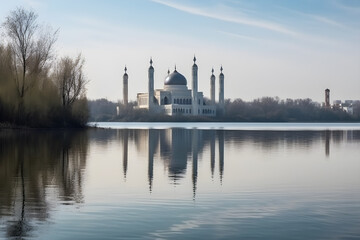 view of the magnificent mosque from the edge of the lake ,generative ai
