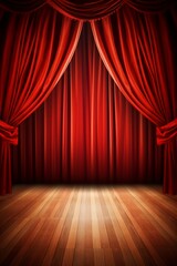 scène de théâtre avec rideaux rouge et parquet en bois, illustration ia générative