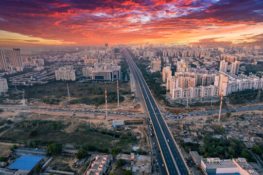 aerial drone still shot showing busy sohna elevated highway toll road with traffic stuck at interesction due to road construction of bridge or underpass