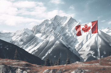 Canadian Majesty: Flag of Canada against Majestic Mountain and Forest Backdrops in Stock Photos