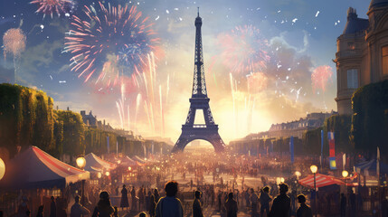 Celebrating Paris: Watercolor Drawing of Eiffel Tower with Fireworks in the Background for Stock Photos