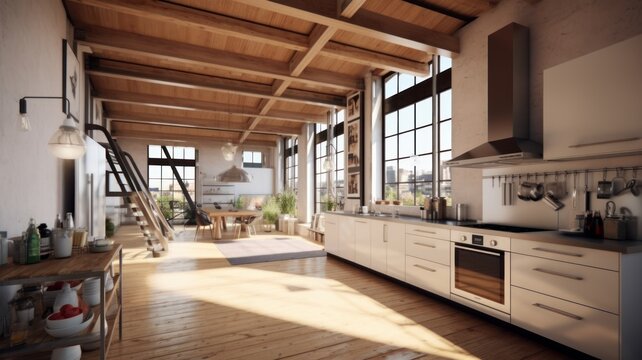 Spacious loft style kitchen with dining area. White facades, wooden dining table, modern kitchen appliances, wooden floor and ceiling with beams, green plants in pots, panoramic windows.