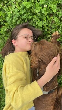 a happy child is playing with his dog, lying on the grass on a warm summer day. a girl is lying on the grass and playing with a red spaniel, a happy childhood, the concept of caring and loving pets