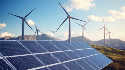 Solar energy panels photovoltaic cells and wind turbines with backdrop of nature landscape, mountains and blue sky. Production of renewable green energy. Sustainable development concept.
